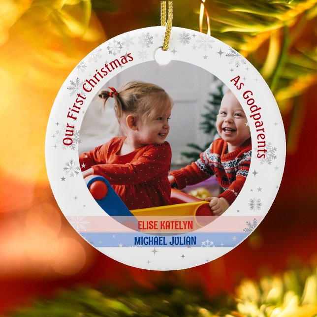 Ornamento De Cerâmica Gêmeos Garota Garota 1rua Xmas Como Fotos De Padrõ (Our First Christmas as Godparents of Twin Girl and Boy. Snowflakes. Cute Swaddled Babies)