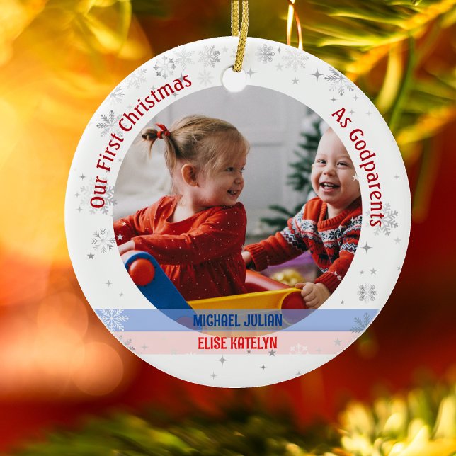 Ornamento De Cerâmica Gêmeos Menino Garota 1rua Xmas Como Fotos De Padrõ (Our First Christmas as Godparents of Twin Boy and Girl. Snowflakes. Cute Swaddled Babies)