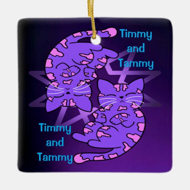 Ornamento De Cerâmica Gemini Retro Neon Kittens Roxo Personalizável (Frente)