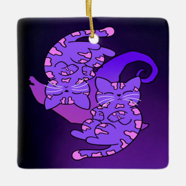 Ornamento De Cerâmica Gemini Retro Neon Kittens Roxo Personalizável (Frente)