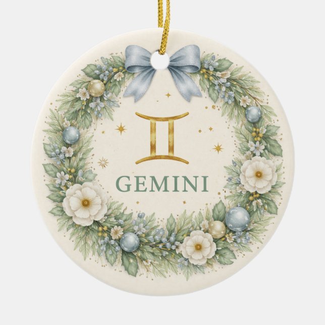 Ornamento De Cerâmica Gemini Zodiac Christmas Ornament – Winter Floral W (Frente)