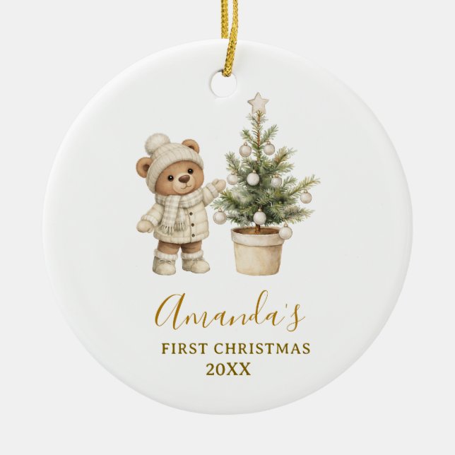 Ornamento De Cerâmica Gender Neutral Bear First Christmas Keepsake  (Frente)