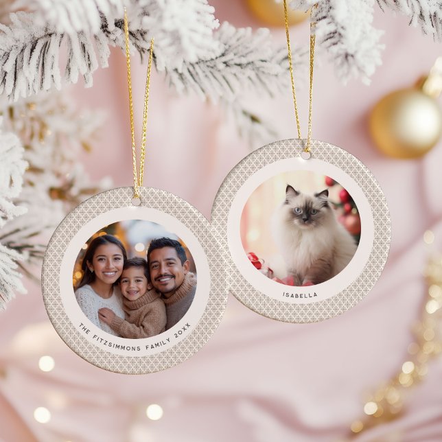 Ornamento De Cerâmica Geometric Brown and White Scandinavian 2 Photos (Neutral Snowflake Modern 2 Photo Christmas Ornament Brown)