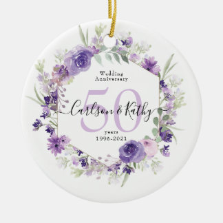 Ornamento De Cerâmica Geometric Floral Purple 50 Anniversary