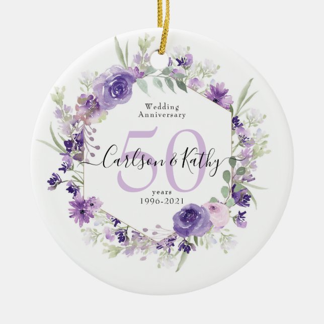 Ornamento De Cerâmica Geometric Floral Purple 50 Anniversary (Frente)