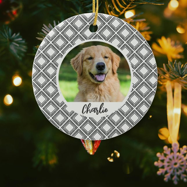 Ornamento De Cerâmica Geometric Pattern Christmas Pet Photo Ornament  (Criador carregado)