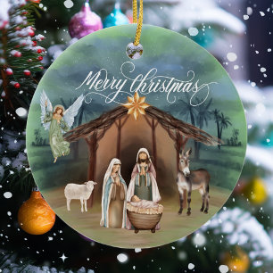 Ornamento De Cerâmica Gerente de Aquarela Natividade Natal Monograma