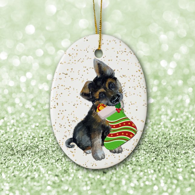 Ornamento De Cerâmica German shepherd Adorável Puppy Natal Stocks (Criador carregado)