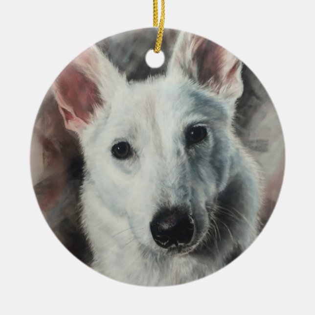 Ornamento De Cerâmica German shepherd branco - GSD - cão feliz (Frente)