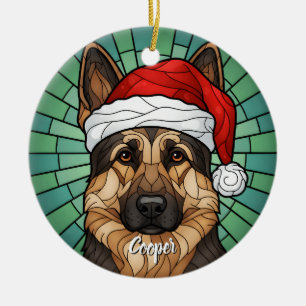 Ornamento De Cerâmica German shepherd Cachorro Santa Hat Vidro Manchado