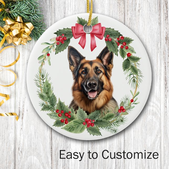 Ornamento De Cerâmica German shepherd Cão Vermelho Arco Holly Wreath (Criador carregado)
