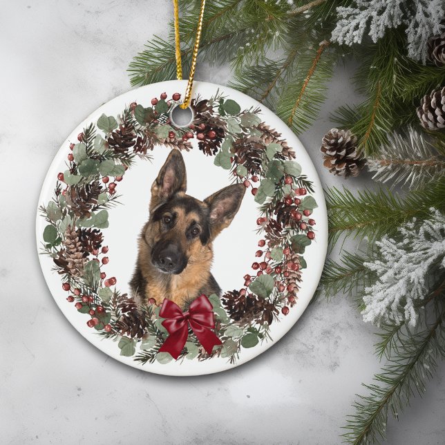 Ornamento De Cerâmica German shepherd Cão Vermelho Arco Pinecone (Criador carregado)