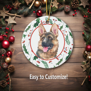 Ornamento De Cerâmica German shepherd Cão Vermelho Berry Holly Border Ce