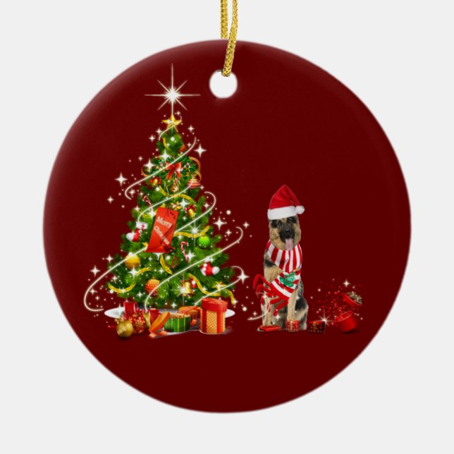 Ornamento De Cerâmica german shepherd com o Natal do Chapéu (Frente)