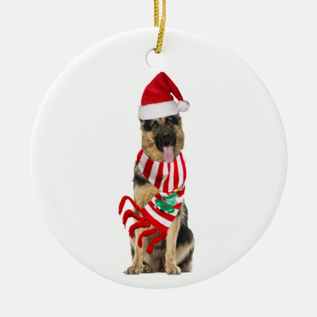 Ornamento De Cerâmica German shepherd com o Natal do Chapéu (Frente)