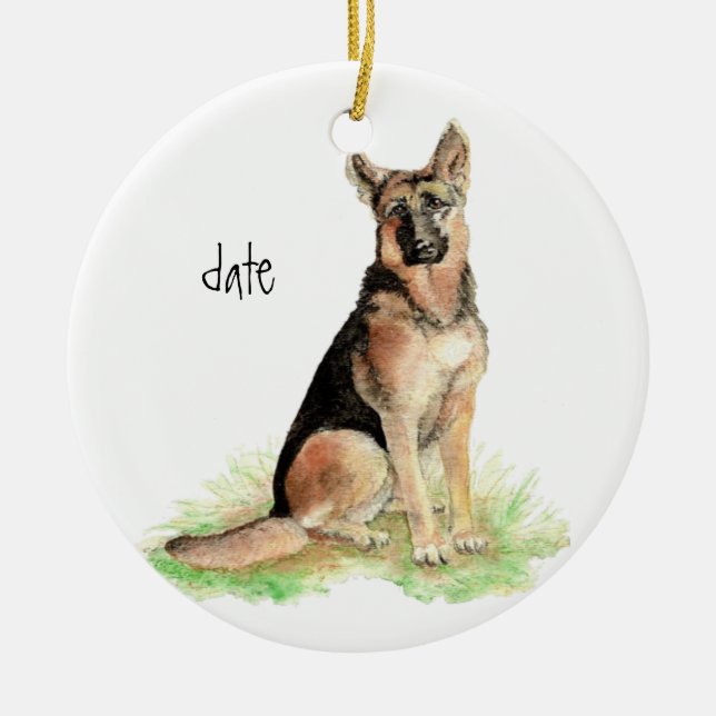 Ornamento De Cerâmica German shepherd Datado Personalizado, Pet Cachorro (Frente)