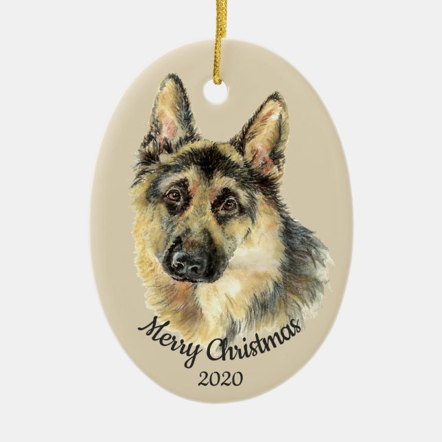 Ornamento De Cerâmica German shepherd de Aquarela Personalizada de Natal (Frente)
