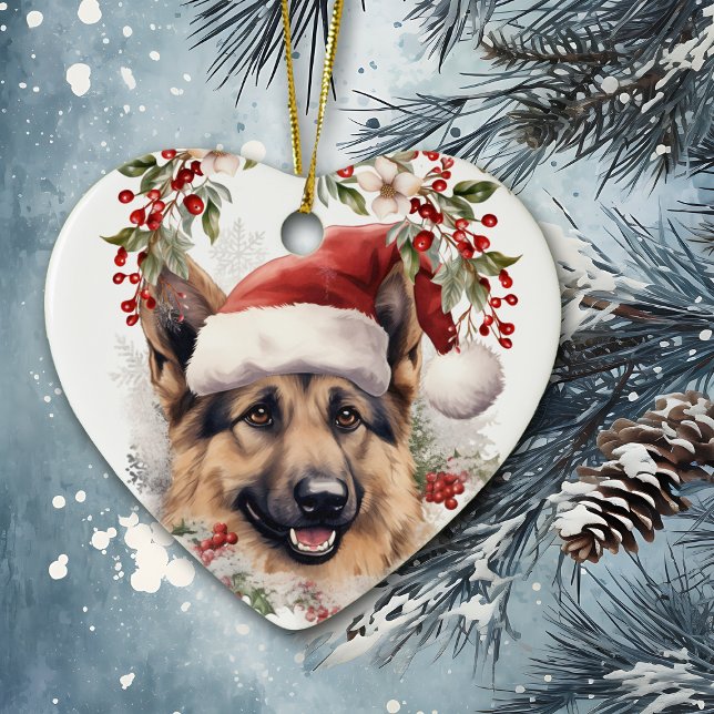 Ornamento De Cerâmica German shepherd Holly Wreath Natal (Criador carregado)