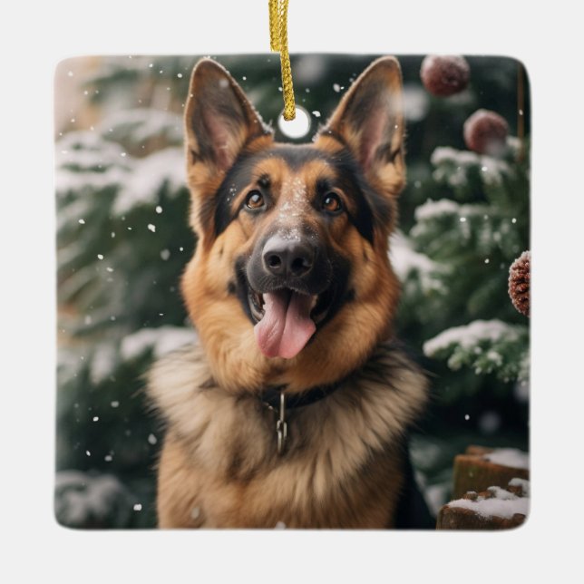 Ornamento De Cerâmica German shepherd na neve (Frente)