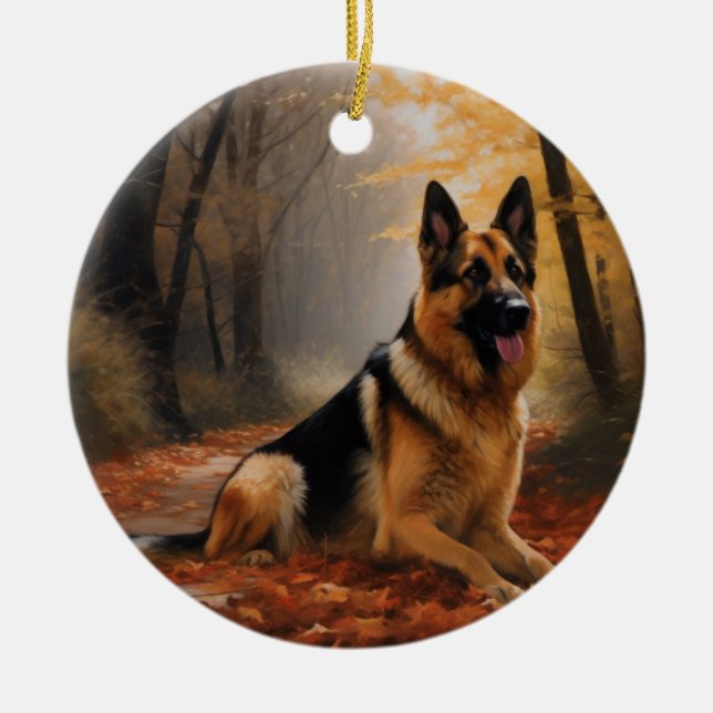 Ornamento De Cerâmica German shepherd no outono Folhas caem inspiração (Frente)