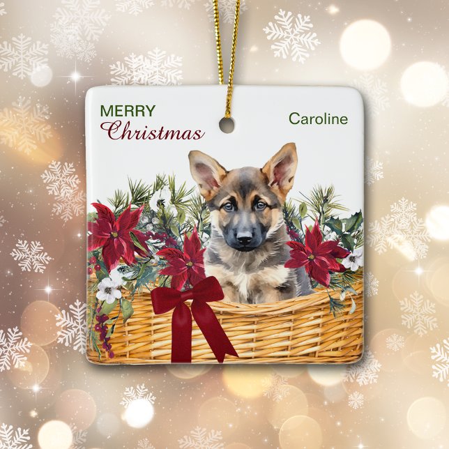Ornamento De Cerâmica German shepherd Puppy Poinsettia Cesta de Natal (Criador carregado)