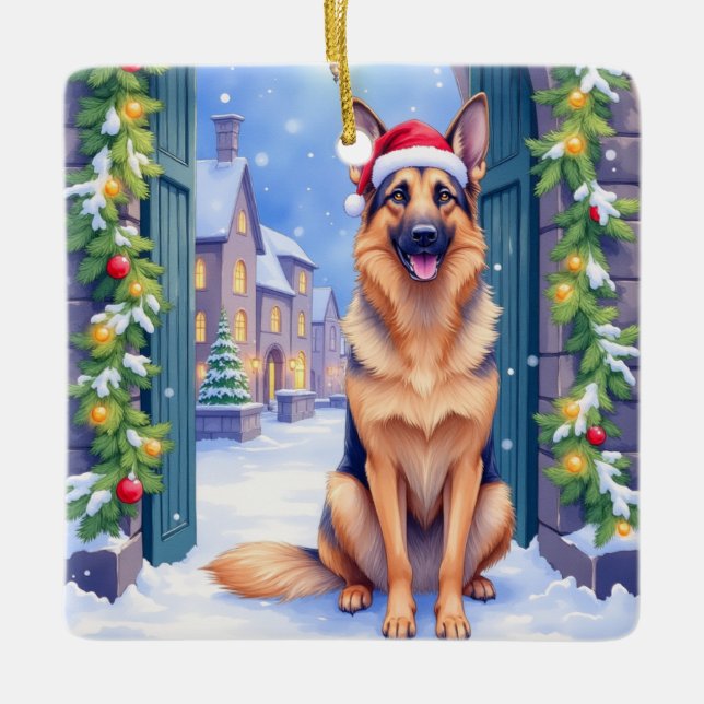 Ornamento De Cerâmica German Shepherd Snowy Town Gate Santa Christmas (Frente)