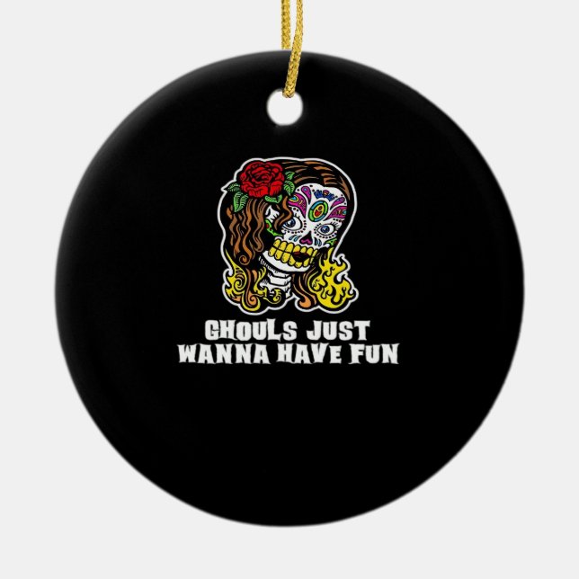 Ornamento De Cerâmica Ghouls Só Quer Se Divertir - Feliz Halloween Sloga (Frente)