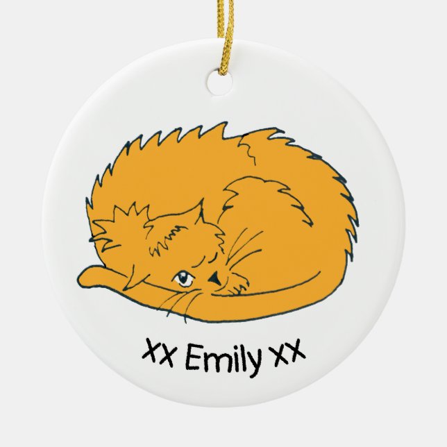 Ornamento De Cerâmica Ginger Cartoon Ginger Cat com nome (Frente)