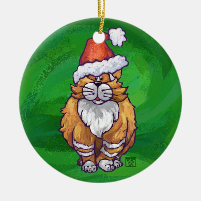 Ornamento De Cerâmica Ginger Cat Christmas on Green (Frente)