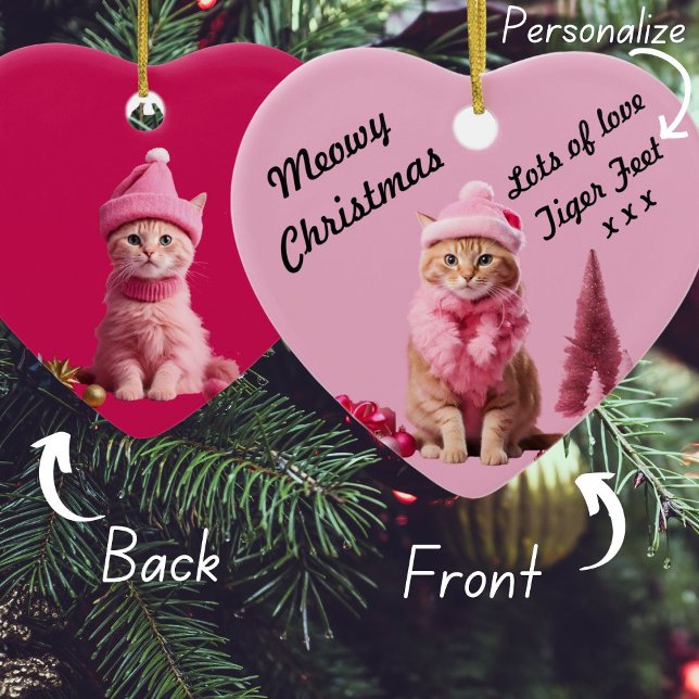 Ornamento De Cerâmica Ginger Cat Lover no Pink Christmas Sweet Heart (Criador carregado)