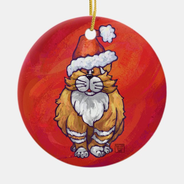 Ornamento De Cerâmica Ginger Cat Natal Em Vermelho (Frente)