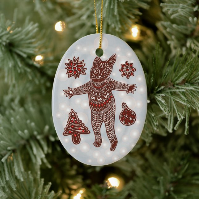 Ornamento De Cerâmica Gingerbread Cat & Cookies Christmas Tree Ornament (Árvore)