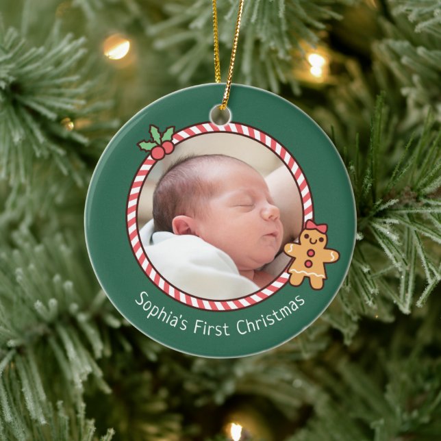 Ornamento De Cerâmica Gingercake Baby First Christmas Photo (Árvore)