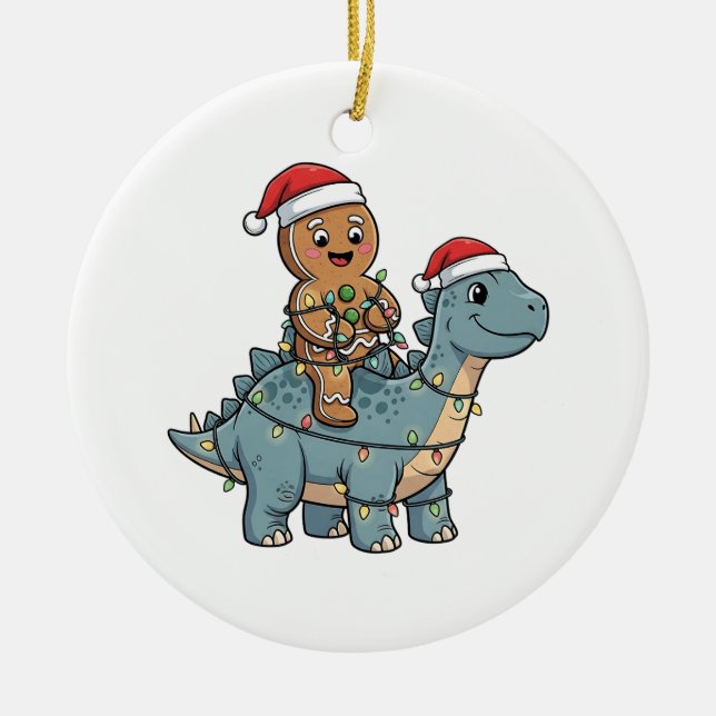 Ornamento De Cerâmica Gingerpão Andando Papais noeis De Dinossauro Natal (Frente)