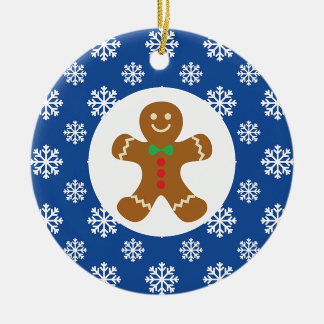 Ornamento De Cerâmica Gingerpão Homem Neve Flocos de Natal Azul (Frente)