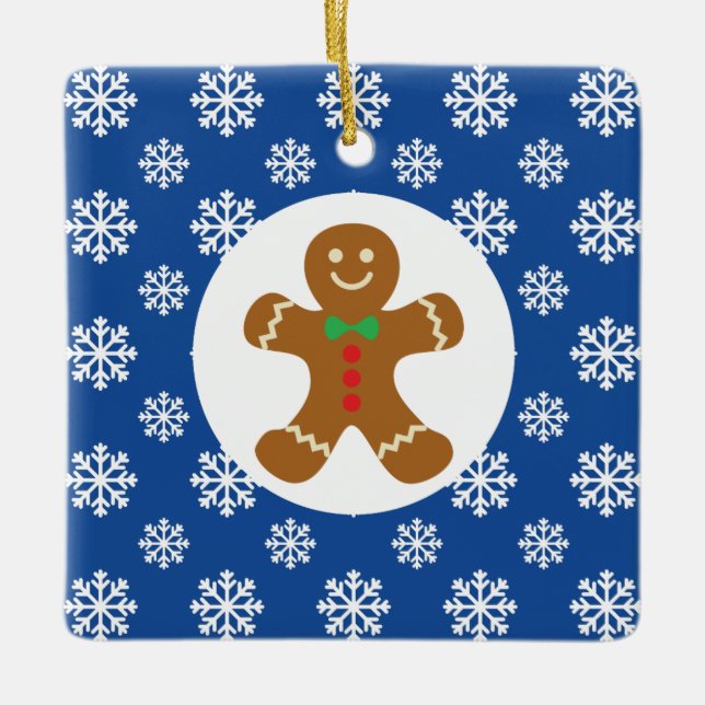 Ornamento De Cerâmica Gingerpão Homem Neve Flocos de Natal Azul (Frente)