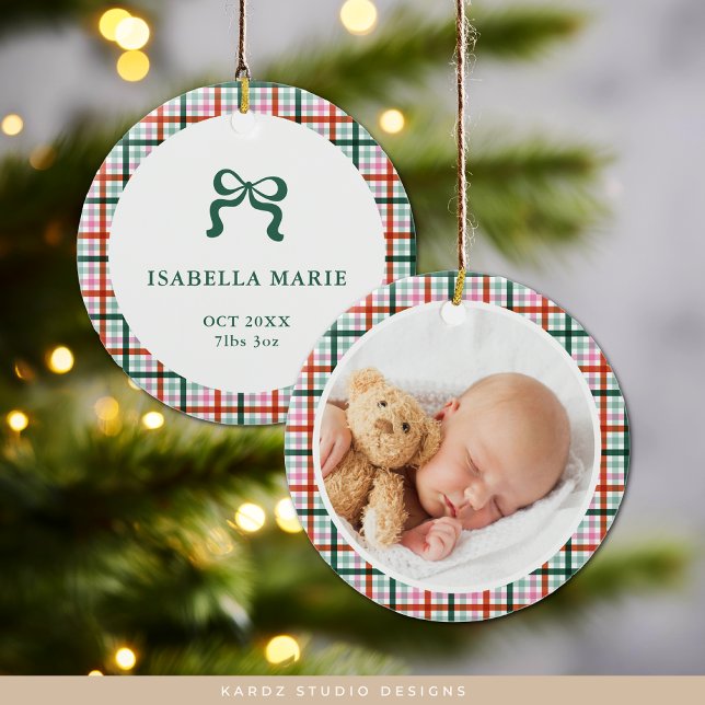 Ornamento De Cerâmica Gingham First Christmas Birth Stats Baby Photo (Front and back of ceramic ornament shown. Personalize with baby's picture, name and baby stats.)