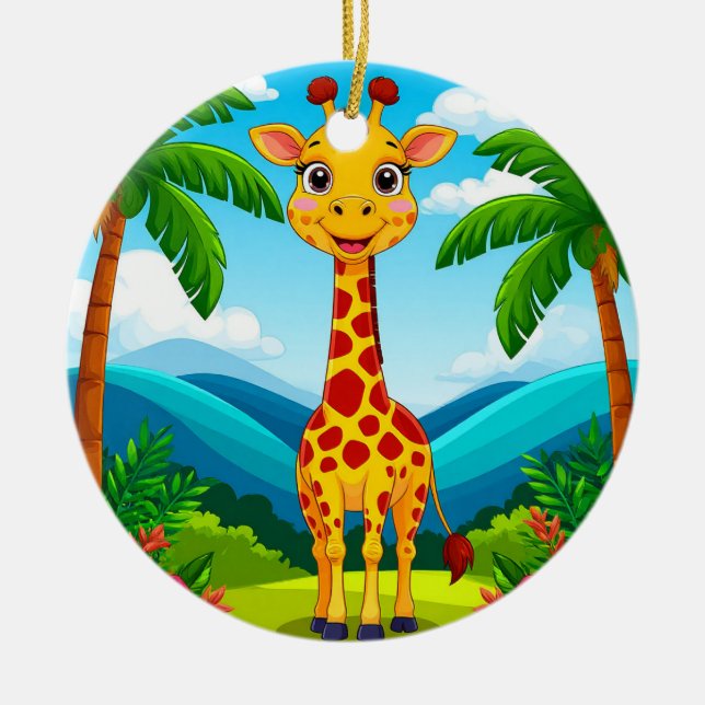 Ornamento De Cerâmica Girafa de Bons Cartoons em Paisagem Tropical (Frente)