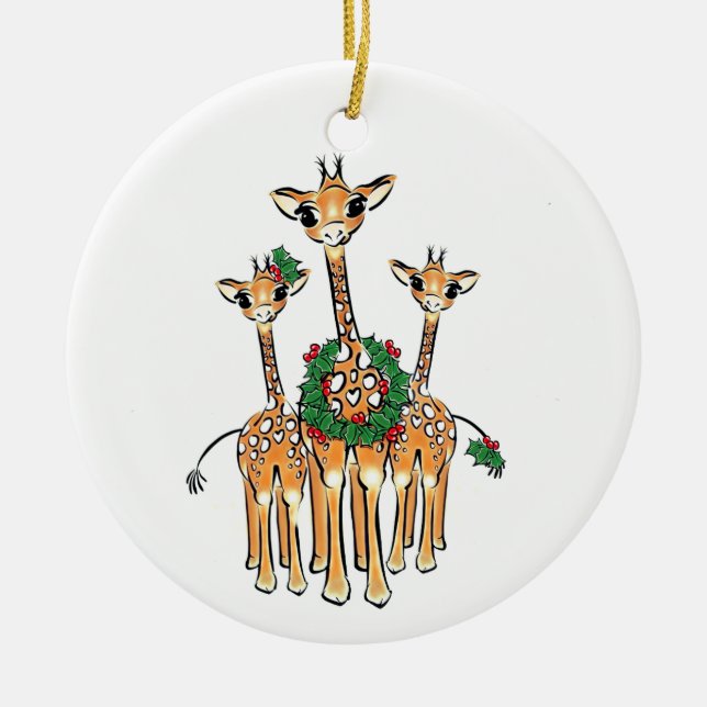 Ornamento De Cerâmica Girafa de Natal Festiva, coroa verde vermelha (Frente)