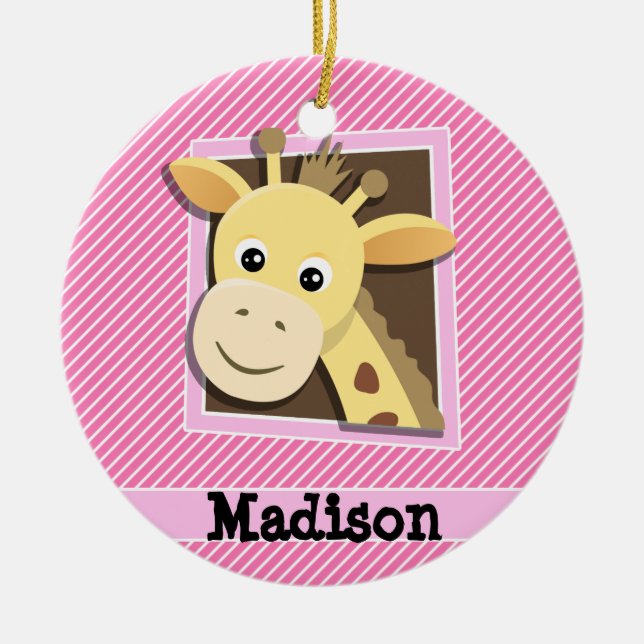 Ornamento De Cerâmica Girafa em tiras rosa e brancas (Frente)