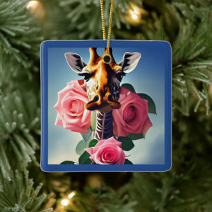 Ornamento De Cerâmica Girafa Engraçada e Rosas Surreal Personalizado