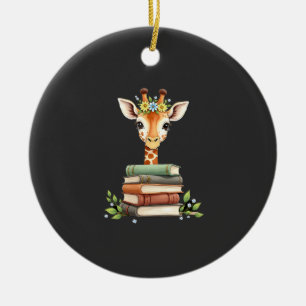 Ornamento De Cerâmica Girafa Fofa Com Livro Floral Amante De Livros Bibl