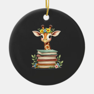 Ornamento De Cerâmica Girafa Fofa Com Livro Floral Bibliófila Bibliotecá