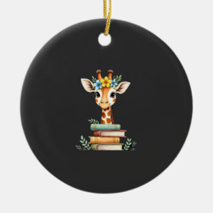 Ornamento De Cerâmica Girafa Fofa Com Livro Floral Bibliófila Bibliotecá