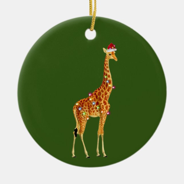 Ornamento De Cerâmica GIRAFFE com luzes de chapéu no Natal (Frente)