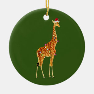 Ornamento De Cerâmica GIRAFFE com o natal do chapéu