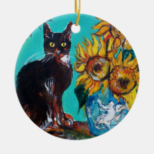 ORNAMENTO DE CERÂMICA GIRASSÓIS COM CAT PRETO NA TURQUESA AZUL