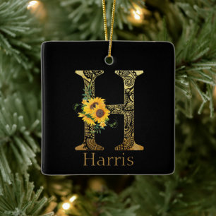 Ornamento De Cerâmica Girassóis com letra H em preto e dourado