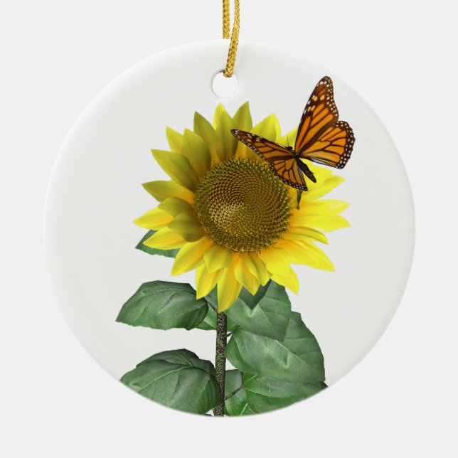 Ornamento De Cerâmica Girassol Amarelo bonito e Borboleta Laranja (Frente)