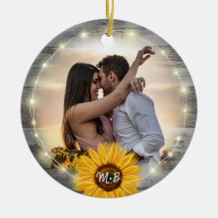 Ornamento De Cerâmica Girassol rústico nossa primeira foto do Natal